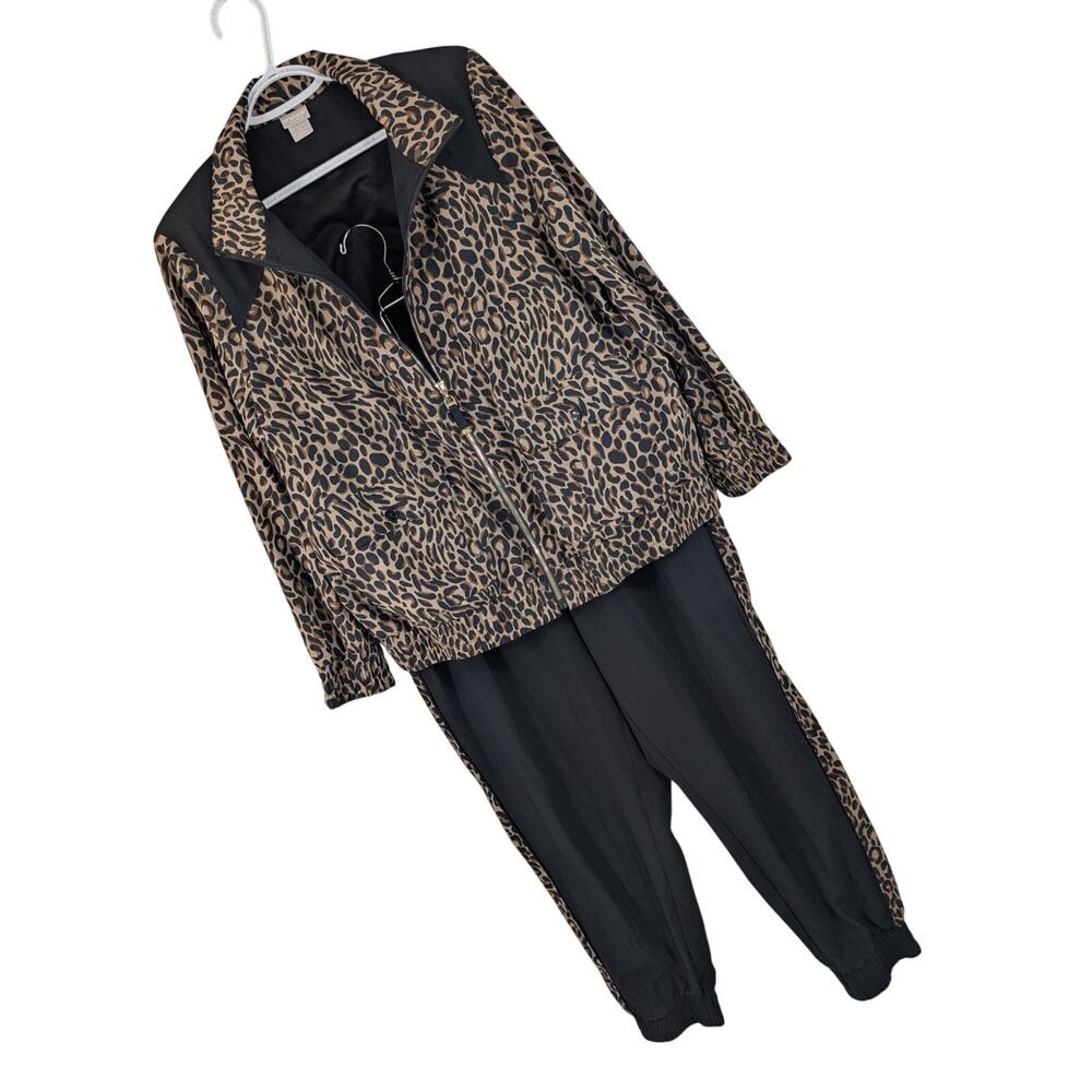 CHICO'S ZENERGY! BLACK & LEOPARD PRINT 2 PC PANTS, JACKET TRACK SUIT SET! M & L